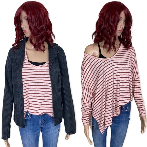 Free People Pandoras Box Striped Tee Small Red Pink Oversized Boxy - Picture 3 of 12